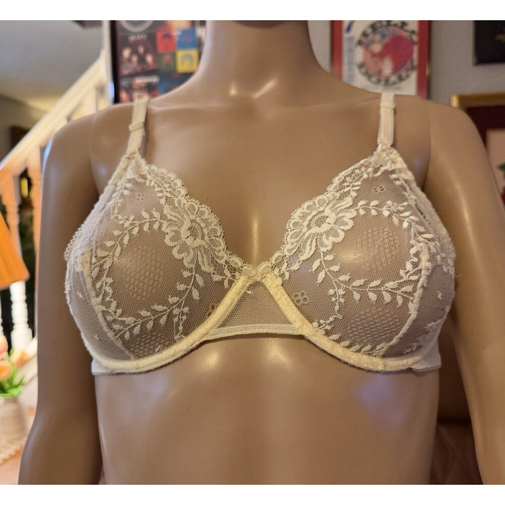 Vintage Vtg Lejaby Ivory Floral Lace Underwire Bra Womens 36B Sexy Sheer